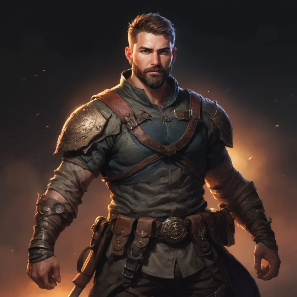 Prompt: Male stocky muscular ranger-warrior with short-cut hair and beard, in a battlefield at pitchblack night, pathfinder, d&d setting, in a realistic high quality digital art style, enhanced shadow quality, colorful