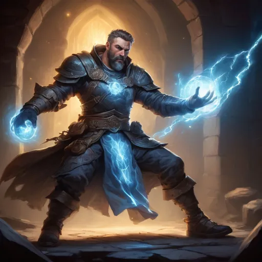 Prompt: Male stocky large mature muscular cleric with short-cut hair and beard, engaged in combat casting a prismatic-light spell inside of a dark dungeon, pathfinder, d&d setting, in a realistic high quality digital art style, enhanced shadow quality