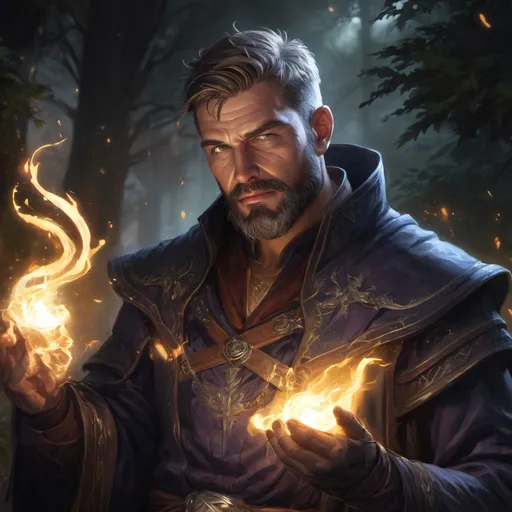 Prompt: Male stocky heavy-set mature nercomancer with short-cut hair and beard, magical glowing robes, casting a spell in combat, in nature at night, pathfinder, d&d setting, in a realistic high quality digital art style, enhanced shadow quality