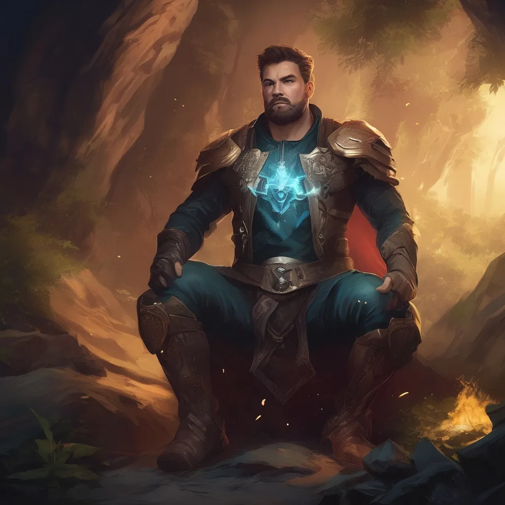 Prompt: (Full body) male handsome large magical champion with short hair and beard, outside of a cave by a forest at night, pathfinder, d&d setting, in a realistic high quality digital art style