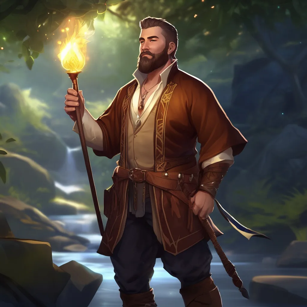 Prompt: (Full body) male stocky magical bard with short hair and beard, open shirt, in dark lit nature background, pathfinder, d&d setting, in a realistic digital art style