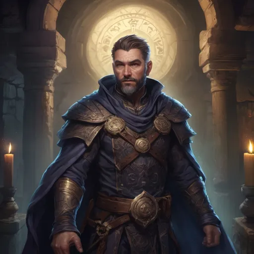 Prompt: Male stocky mature magus with short-cut hair and beard, inside of a magical temple dungeon at night, surrounded by magic, pathfinder, d&d setting, in a realistic high quality digital art style, enhanced shadow quality