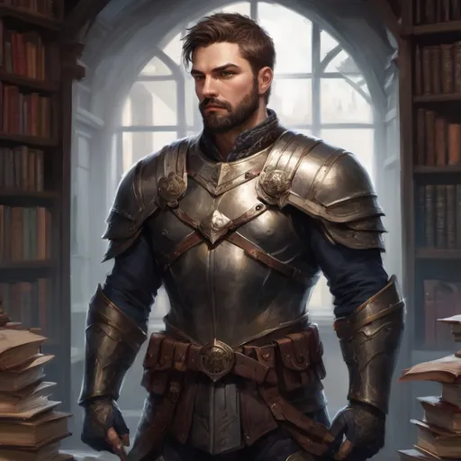 Prompt: (Full body) male stocky masculine manly hunky knight with short hair and beard, hairy chest, in a dark library, pathfinder, d&d setting, in a realistic high quality digital art style