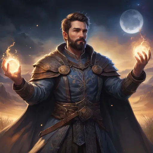 Prompt: Male stocky heavy-set cleric with short-cut hair and beard, casting a magical time-spell out of hands, on a batle field at night, pathfinder, d&d setting, in a realistic high quality digital art style, enhanced shadow quality