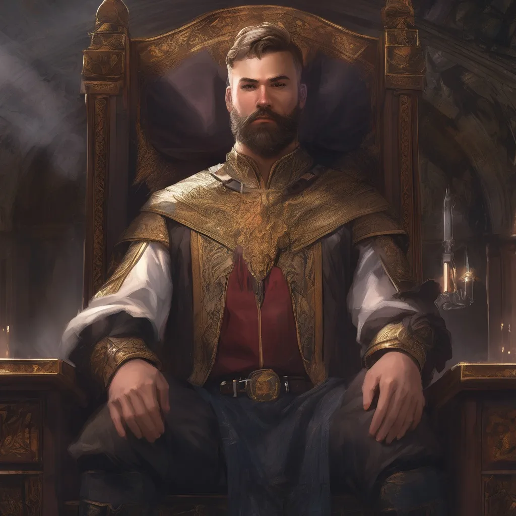 Prompt: (Full body) male stocky young royal noble with short-cut hair and beard, in a dark throne room, pathfinder, d&d setting, in a realistic digital art style