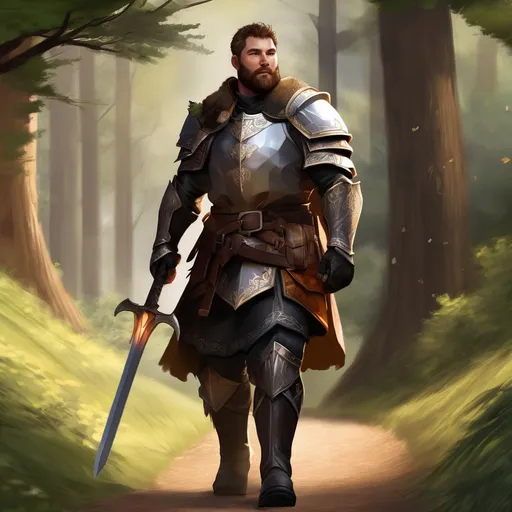 Prompt: (Full body) male stocky paladin with short hair and beard, hairy-chest, in a black forest path, pathfinder, d&d setting, in a realistic digital art style