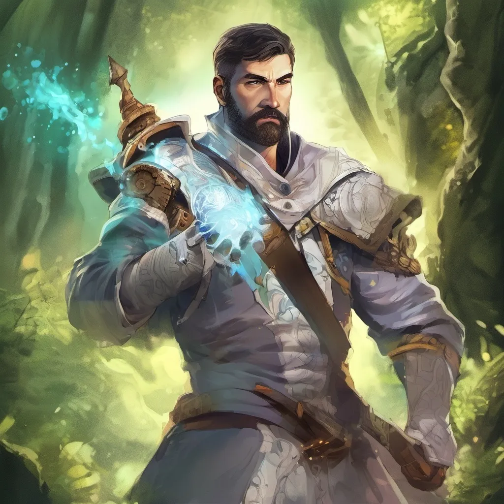 Prompt: (Full body) male beefy handsome arcane-magus with short-cut hair and beard, surrounded by swirly magic, in a forest cave at night pathfinder, d&d setting, in a realistic high quality digital art style