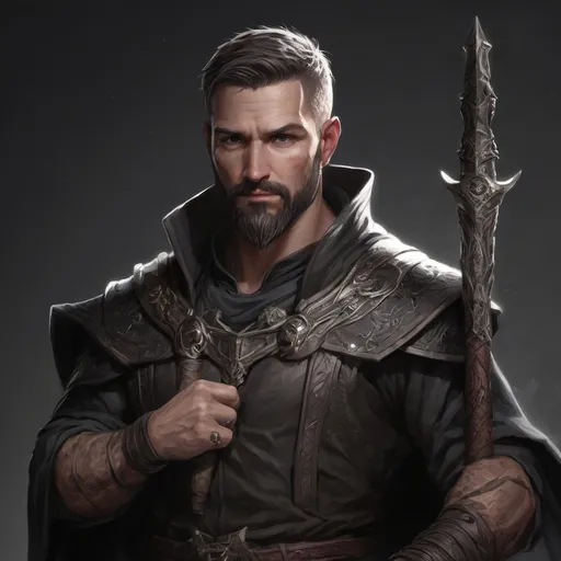 Prompt: (Torso and head) Male beefy 34-year old mage with short hair and beard, holding a magic staff, in a fantasy dungeon, pathfinder, d&d setting, enhanced shadow quality, in a digital art style