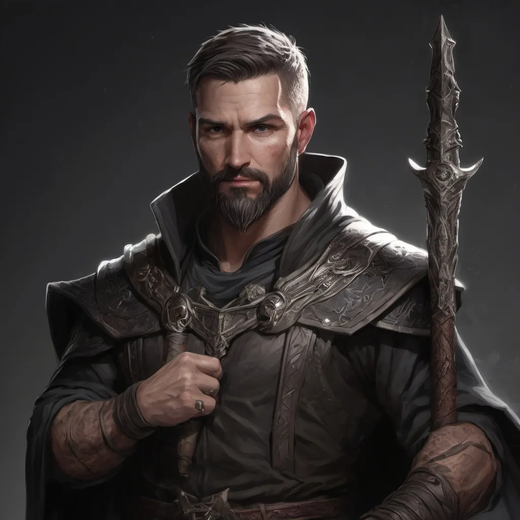 Prompt: (Torso and head) Male beefy 34-year old mage with short hair and beard, holding a magic staff, in a fantasy dungeon, pathfinder, d&d setting, enhanced shadow quality, in a digital art style