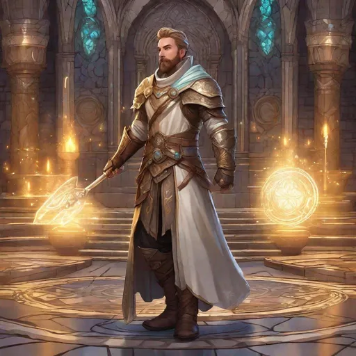 Prompt: A male mage with dark-blonde short hair and beard, cloth armor, holding magical staff, boots, magical swirls, standing in a labratory, pathfinder, dungeons & dragons, in a detailed realistic digital art style