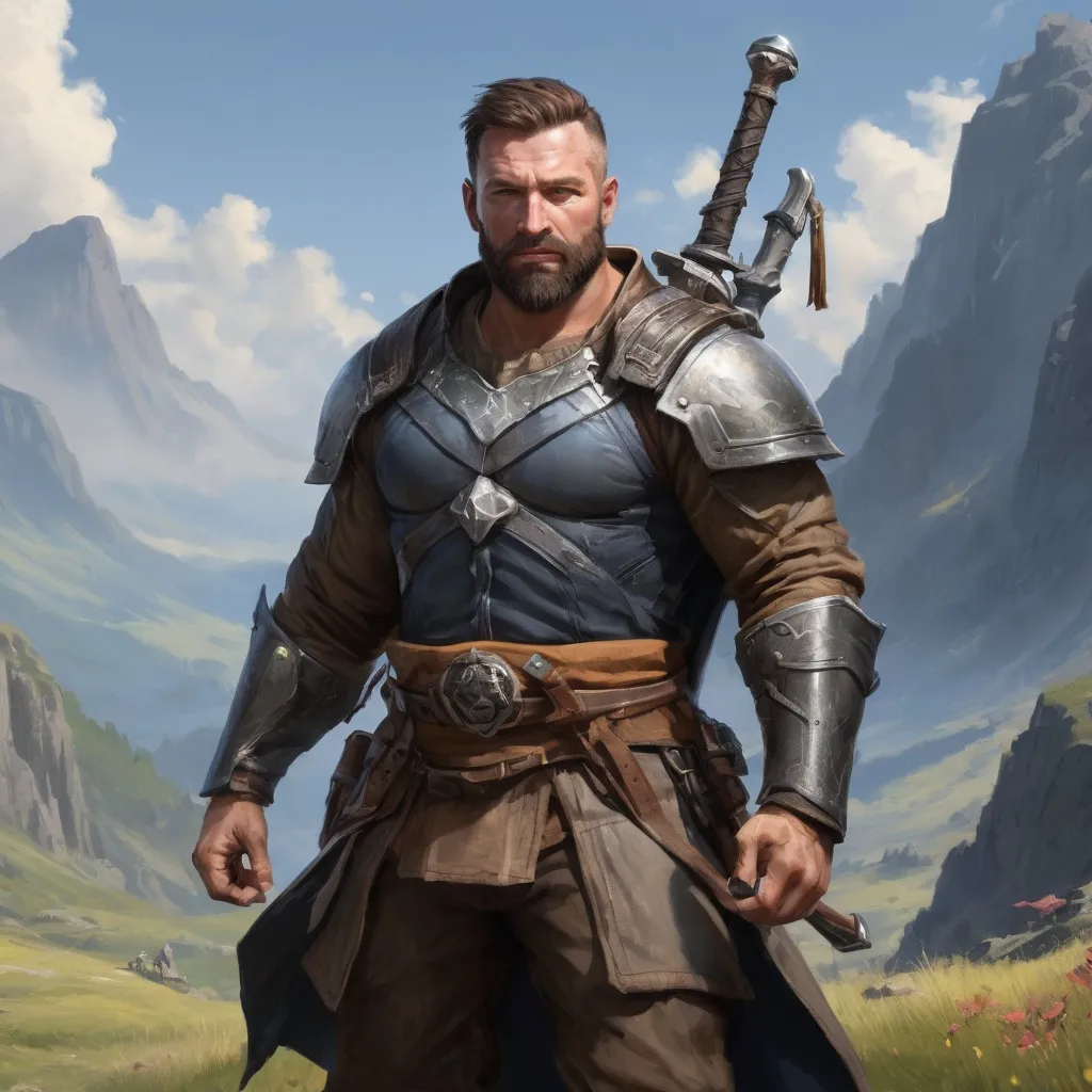 Prompt: Male heavy-set fit fat large 37-year old hunky rogue-warrior with short-cut hair and beard, holding magic fantasy-weapon, on a windy mountain field, pathfinder, d&d setting, enhanced shadow quality