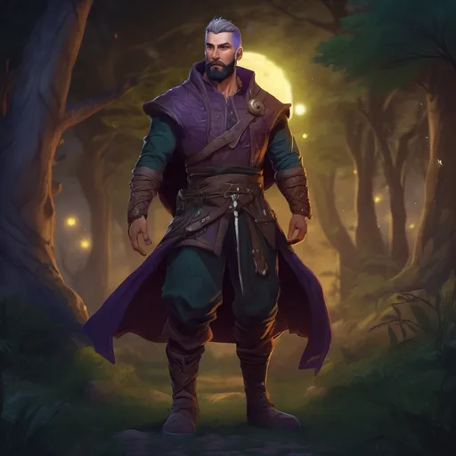 Prompt: (Full body) male muscular magus with short hair and beard, in nature at night, pathfinder, d&d setting, in a realistic digital art style