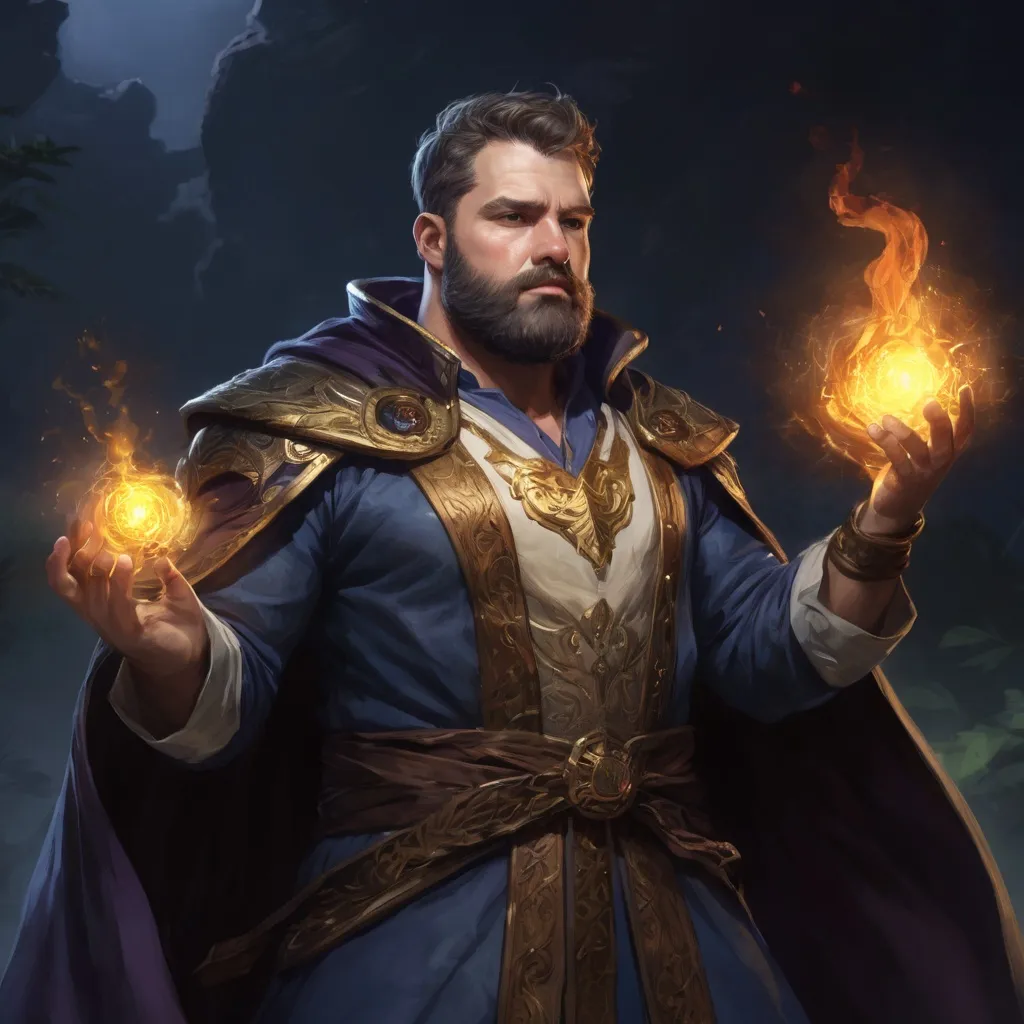 Prompt: male stocky heavy-set fat british royal transmuter with short-cut hair and beard,  open shirt hairy chest, magic robe casting bright spell, in nature at night, pathfinder, d&d setting, in a realistic high quality digital art style, enhanced shadow quality