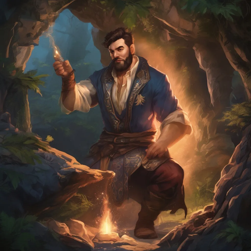 Prompt: (Full body) male stocky handsome beefy summoner with short-cut hair and beard, casting a swirly magic spell, in a forest cave at night pathfinder, d&d setting, in a realistic high quality digital art style