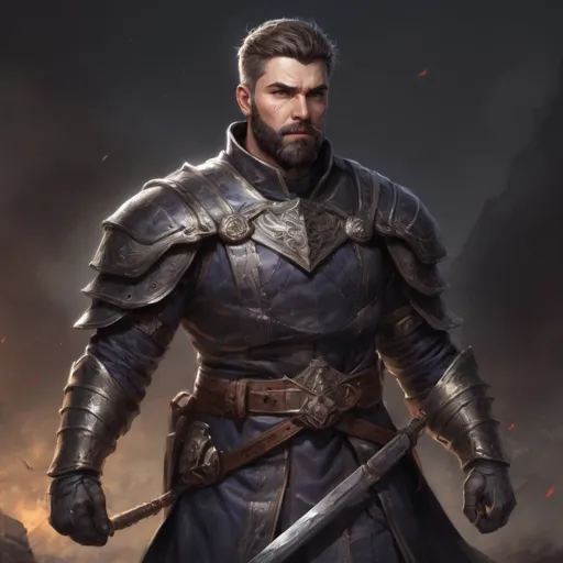 Prompt: (Full body) male stocky masculine manly hunky royal cleric with short hair and beard, in a dark battle field, pathfinder, d&d setting, in a realistic high quality digital art style