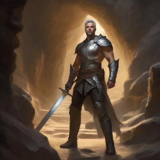 Prompt: (Full body) a paladin with short beard  grey short-cut hair no shirt on, belt, boots, leather pants, holding a sword, standing in a dark cavern, fantasy setting, dungeons & dragons, in a painted style realistic art