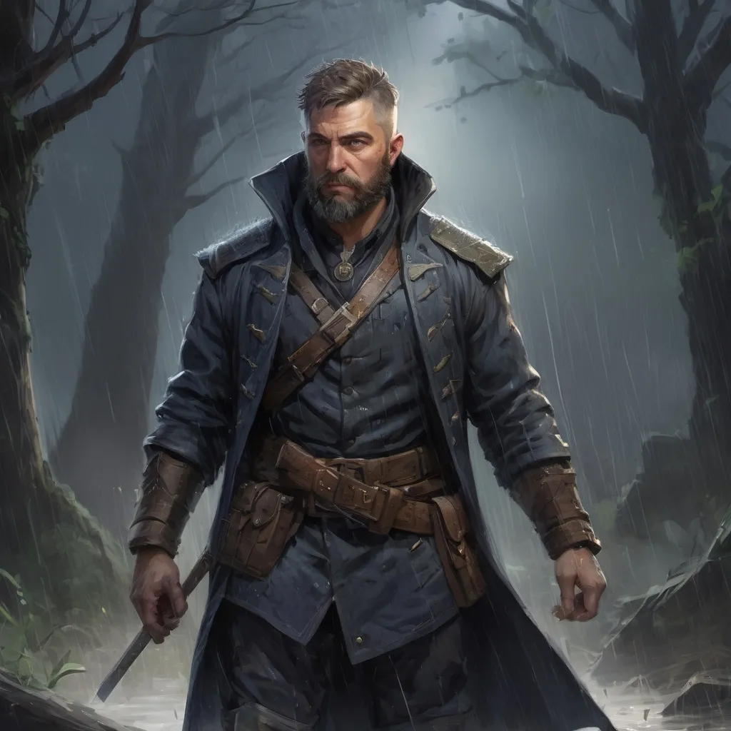 Prompt: Male stocky heavy-set Arcane-spy with short-cut hair and beard, on a thicket battlefield in a rainstorm, pathfinder, d&d setting, in a realistic high quality digital art style, enhanced shadow quality, colorful