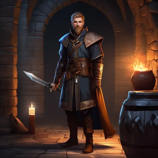 Prompt: (Full body) male magical stocky norwegian young mage with short hair and beard, in a dark dungeon, pathfinder, d&d setting, in a realistic digital art style