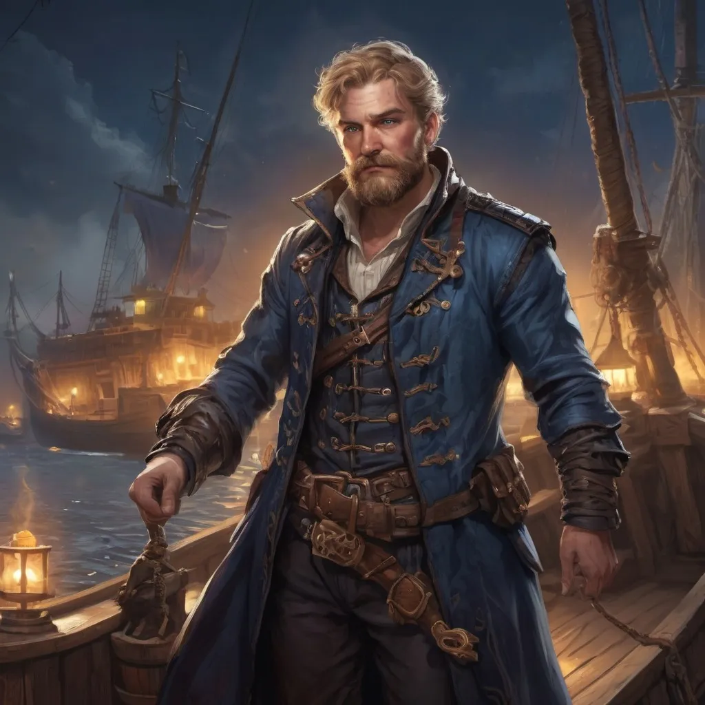 Prompt: (Full body) male stocky heavy-built pirate witch with short dark-blonde hair and beard, blue eyes, wearing magic coat, on a ship by land at night, pathfinder, d&d setting, in a realistic high quality digital art style