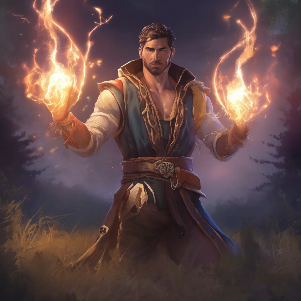 Prompt: (Full body) male handsome muscular summoner, casting a bright summoning spell, in a field by a forest at night, pathfinder, d&d setting, in a realistic high quality digital art style