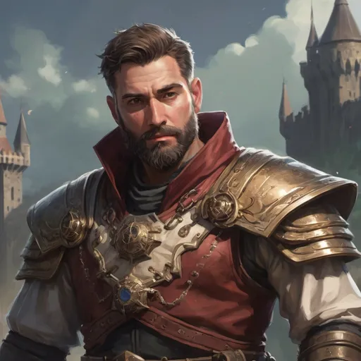 Prompt: Male heavy-set mature fit large royal spellcaster with short-cut hair and beard, in a windy castleground, pathfinder, d&d setting, enhanced shadow quality