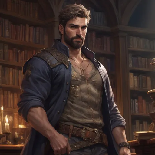 Prompt: (Full body) male stocky masculine manly hunky royal assasin with short hair and beard, hairy chest, in a dark library, pathfinder, d&d setting, in a realistic high quality digital art style