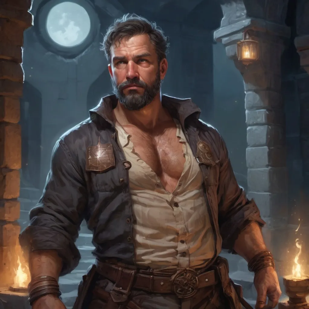 Prompt: (torso) Male stocky mature fat blacksmith with short-cut hair and beard, hairy chest open shirt, inside of a magical temple dungeon at night, pathfinder, d&d setting, in a realistic high quality digital art style, enhanced shadow quality