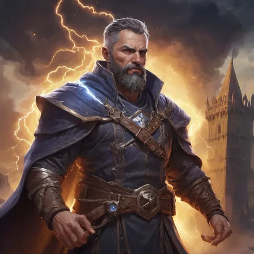 Prompt: Male heavy-set 42-year old muscular noble large sorcerer with short-cut hair and beard,  casting lightning-magic in a windy castleground at dusk, pathfinder, d&d setting, enhanced shadow quality
