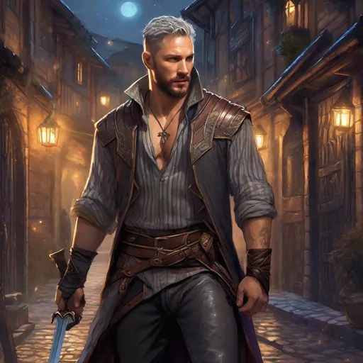 Prompt: (Full body) A male short-haired knight looks like older tom hardy with open shirt hairy chest and short beard grey-striped hair, glowing magic, fantasy weapon, leather shirt with details, manly, pathfinder, dungeons and dragons fantasy setting, night time in a town street, in a painted style, realistic