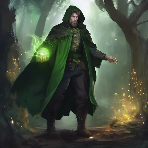 Prompt: (Full body) male stocky young magical Green-mage with short-cut hair and beard, casting a magical spell, in nature in the dark, cloak, pathfinder, d&d setting, in a realistic digital art style