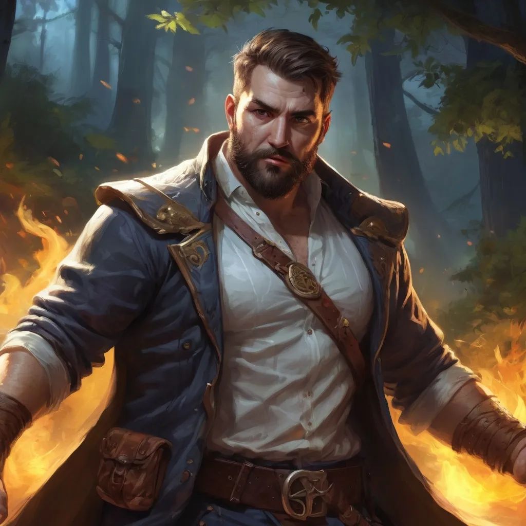 Prompt: Male stocky large fat templar with short-cut hair and beard, open shirt hairy chest, in combat casting a magic-ray out of hands in nature at night, pathfinder, d&d setting, in a realistic high quality digital art style, enhanced shadow quality, colorful
