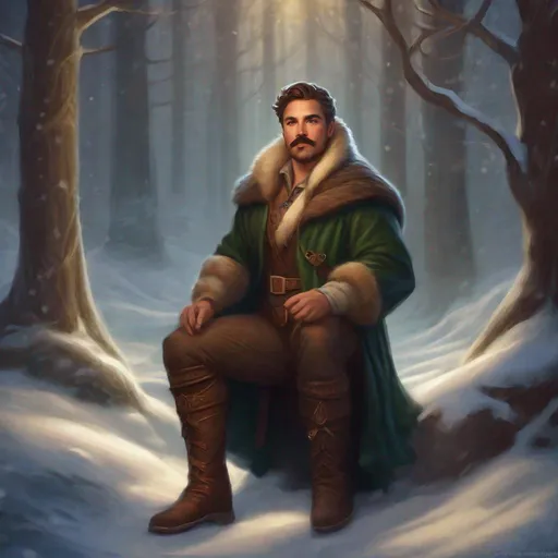 Prompt: (Full body) A male winter druid with short cut hair with a mustache and stubble manly face, pathfinger, magic swirl, holding magic , dungeons and dragons, brown boots, fantasy setting, in a forest glade at night, in a painted style realistic art