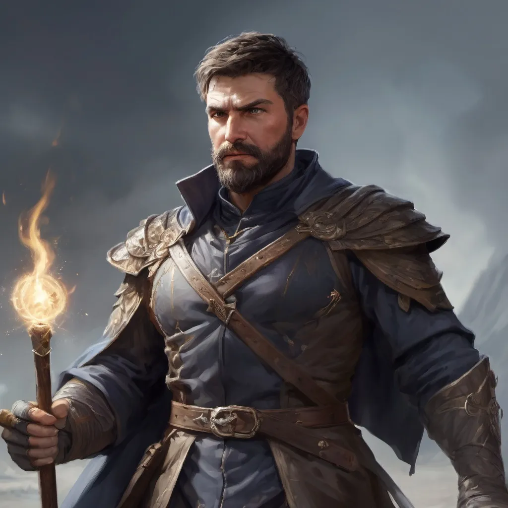Prompt: Male stocky heavy-set argentinian royal magus with short-cut hair and beard, casting spell on a windy battlefield. holding staff, pathfinder, d&d setting, in a realistic high quality digital art style, enhanced shadow quality