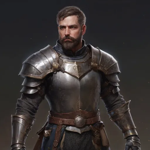 Prompt: (Full body) male stocky masculine mature royal knight with short hair and beard, hairy chest, in a dark field, pathfinder, d&d setting, in a realistic high quality digital art style