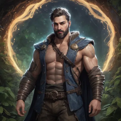 Prompt: (Full body) male stocky heavy-set 
transmuter with short hair and beard, hairy chest, casting swirly bright spell, in nature at night, pathfinder, d&d setting, in a realistic high quality digital art style