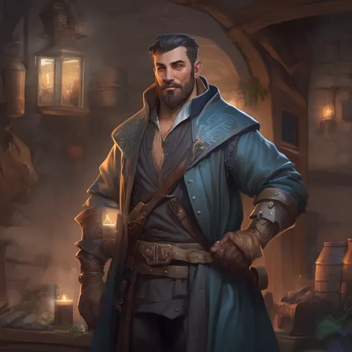 Prompt: (Full body) male manly stocky noble magical sorcerer with dark short-cut hair and beard, outside of a small village at night, pathfinder, d&d setting, in a realistic digital art style