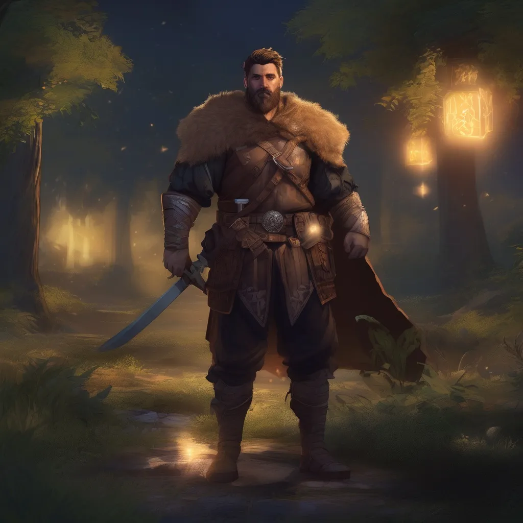 Prompt: (Full body) male stocky fighter with hairy chest and short hair and beard, in nature at night, pathfinder, d&d setting, in a realistic digital art style