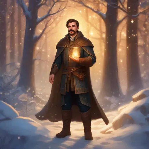 Prompt: (Full body) A male cleric with short cut hair with a mustache and stubble manly face, pathfinger, magic swirl, holding magic , dungeons and dragons, brown boots, fantasy setting, in a winter forest glade at night, in a painted style realistic art
