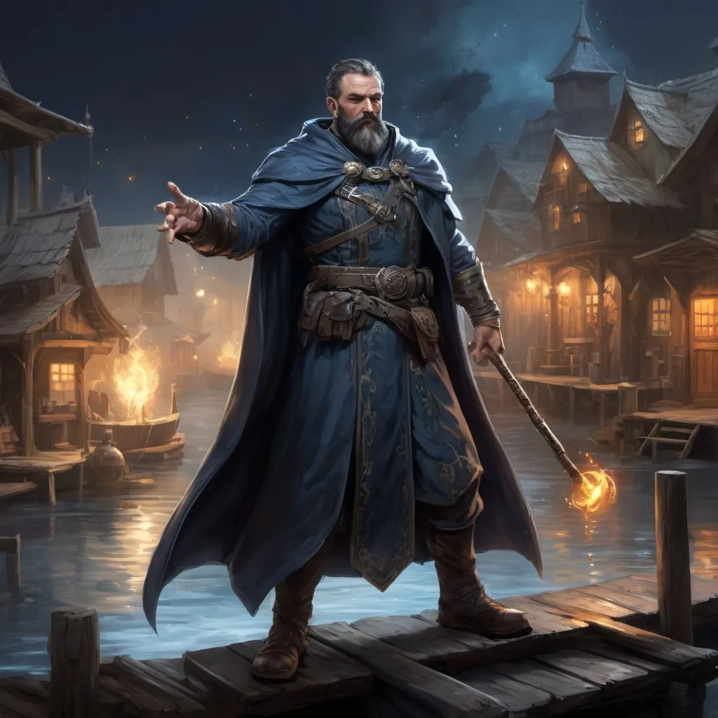 Prompt: male stocky mature heavy-built large bandit-magus with short hair and beard, wearing magic coat, casting a water-spell, on a dock by a small village at night, pathfinder, d&d setting, in a realistic high quality digital art style