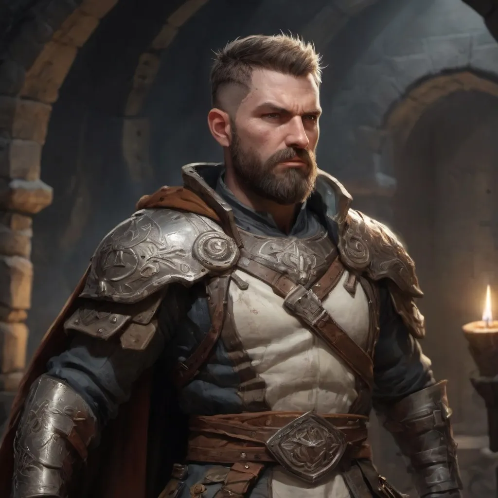 Prompt: (torso) Male stocky large fit battle-mage with short-cut hair and beard, engaged in combat casting a light spell inside of a dungeon, in movement, pathfinder, d&d setting, realistic, enhanced shadow quality, colorful