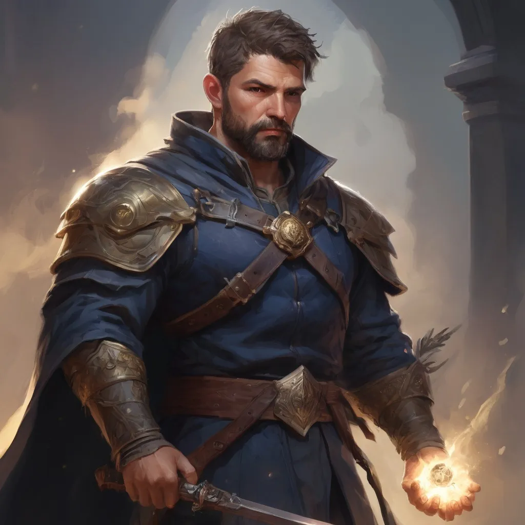 Prompt: (torso) Male stocky large mature fit battle-mage with short-cut hair and beard, engaged in combat casting a light-spell  nature, pathfinder, d&d setting, realistic, enhanced shadow quality