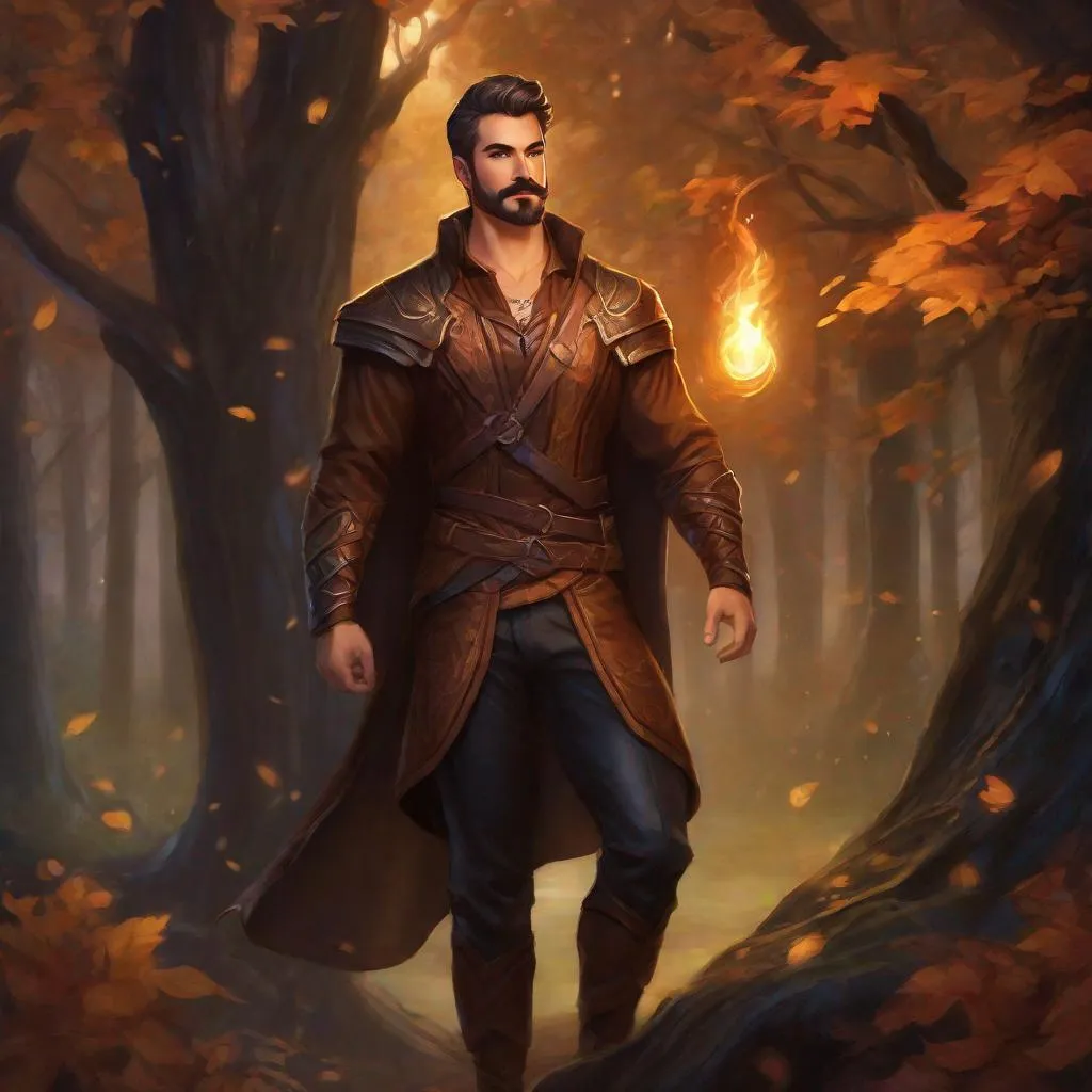 Prompt: (Full body) A male muscular arcanist with short cut hair with a mustache and stubble manly face, pathfinger, magic swirl, visible chest, leather pants, holding magic, dungeons and dragons, brown boots, fantasy setting, standing in a forest glade at night, in a painted style realistic art