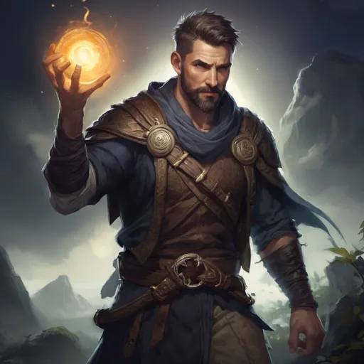 Prompt: (head and torso) Male heavy-set fit 30-year old hunky druid with short-cut hair and beard, holding magic-spell, in a windy nature at night, pathfinder, d&d setting, enhanced shadow quality