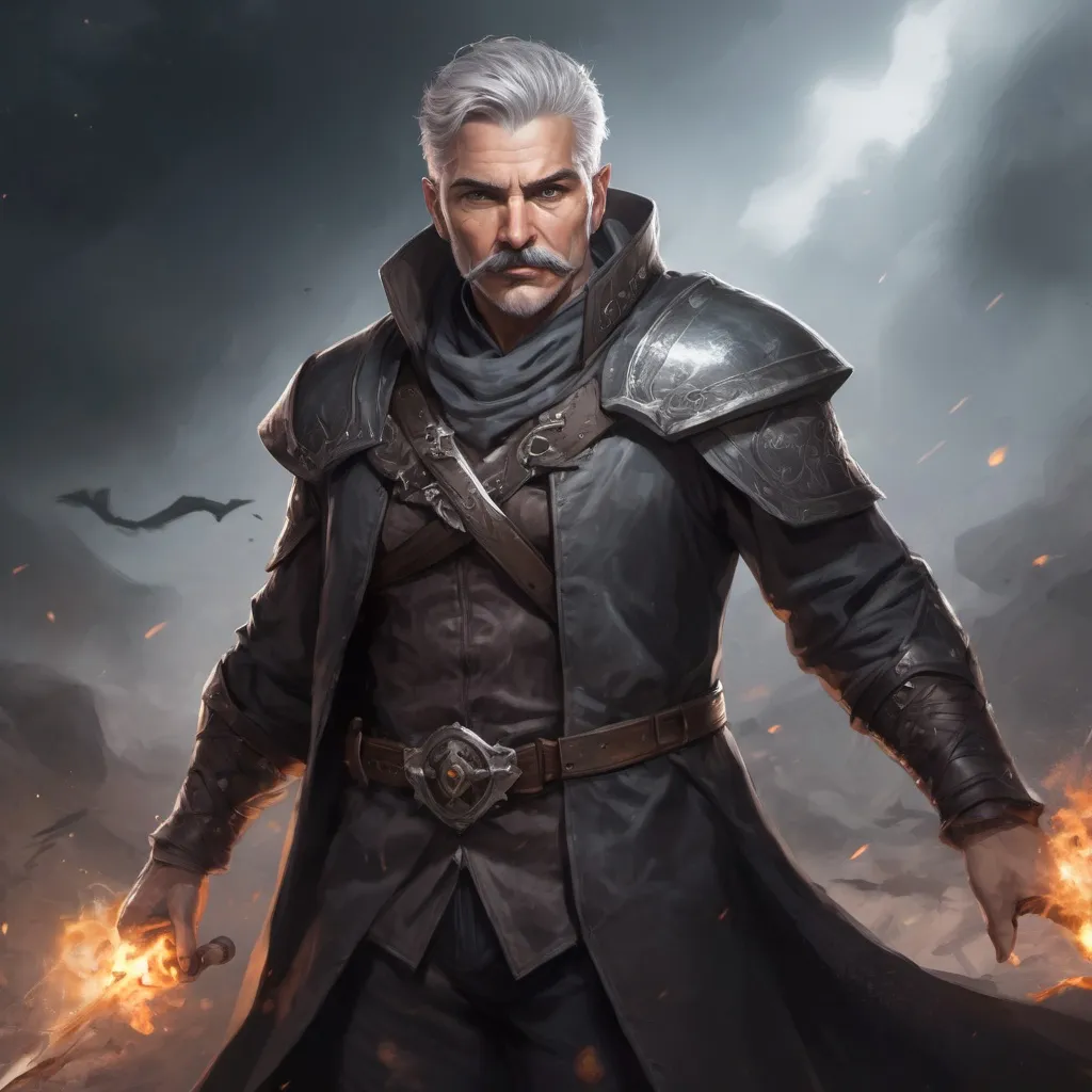 Prompt: (Full body) male stocky large masculine sorcerer with short-cut grey hair and mustache, hairy chest, in a dark battle field, pathfinder, d&d setting, in a realistic high quality digital art style