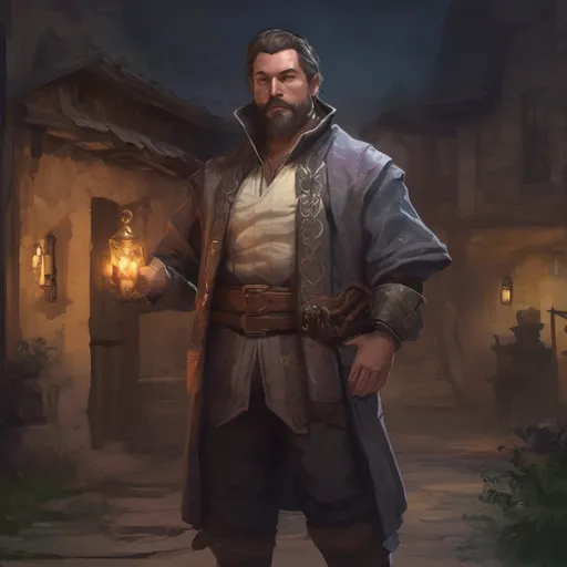 Prompt: (Full body) male manly stocky cleric healer with dark short-cut hair and beard, outside of a small village at night, pathfinder, d&d setting, in a realistic digital art style