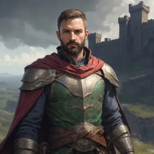 Prompt: Male 37-year old fit large royal spellcaster with short-cut hair and beard, in a windy castleground, pathfinder, d&d setting, enhanced shadow quality