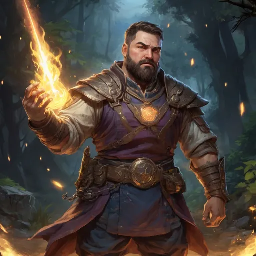 Prompt: Male stocky large fat cleric with short-cut hair and beard, open shirt hairy chest, in combat casting a magic-ray out of hands in nature at night, pathfinder, d&d setting, in a realistic high quality digital art style, enhanced shadow quality, colorful