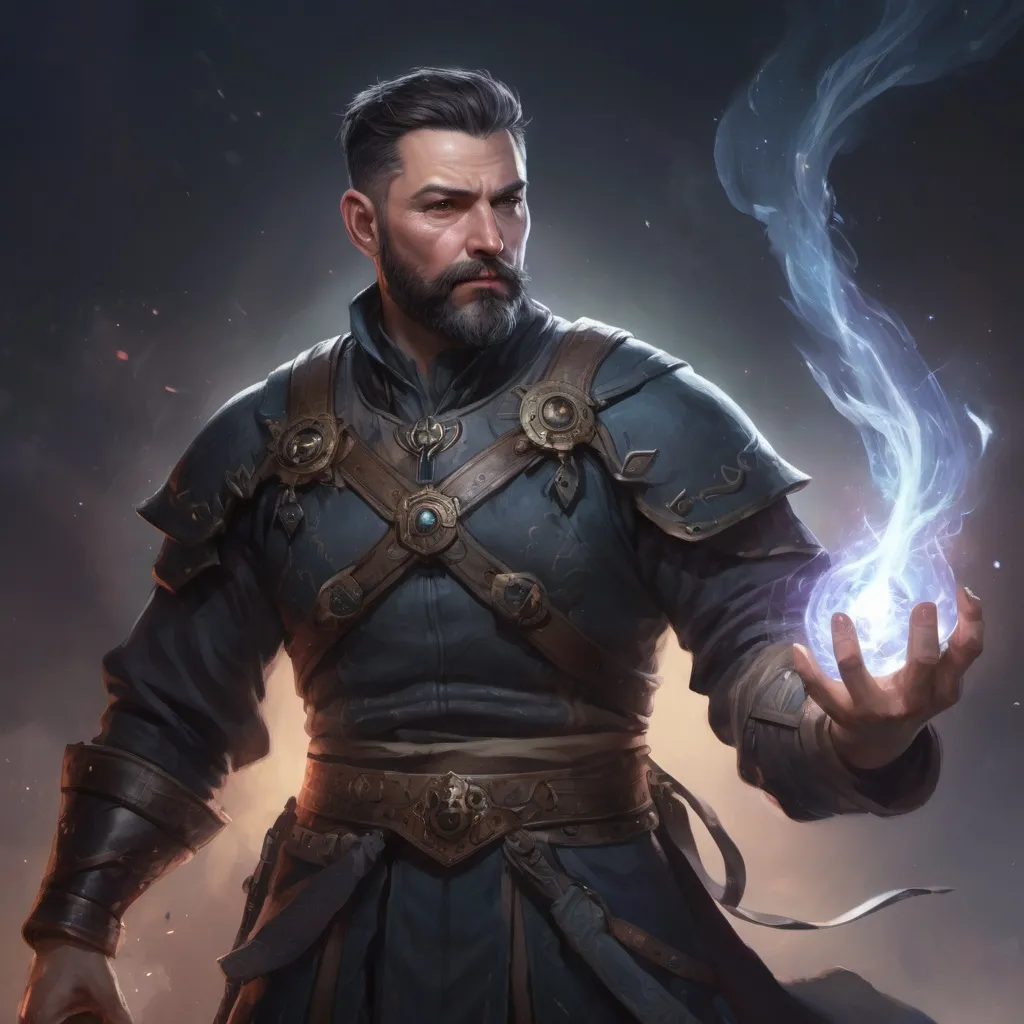 Prompt: Male stocky mature maguswith short-cut hair and beard, in combat holding magic, inside of an astral magical dimention, pathfinder, d&d setting, in a realistic high quality digital art style, enhanced shadow quality