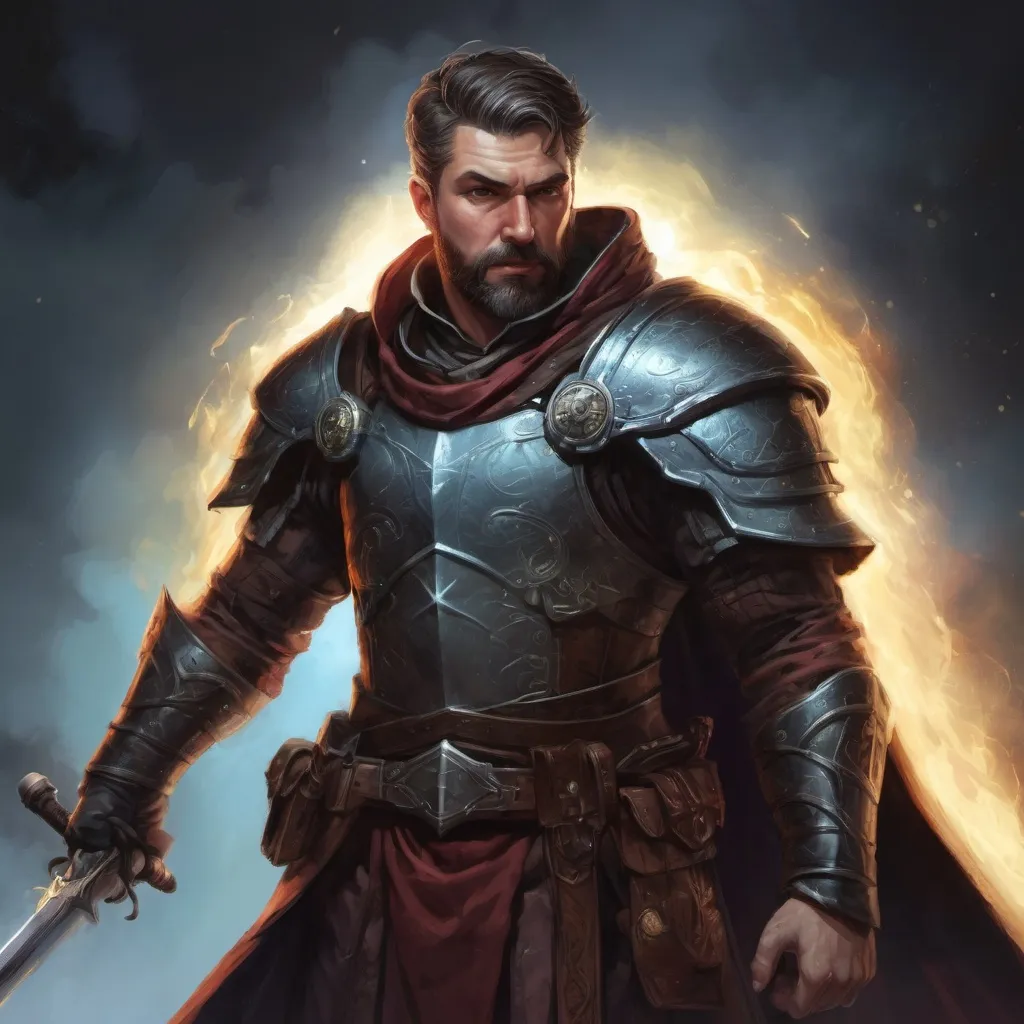 Prompt: (torso) Male stocky mature magical crusader with short-cut hair and beard, on a battlefield at night, in combat, holding a magic weapon, bright aura, pathfinder, d&d setting, in a realistic high quality digital art style, enhanced shadow quality
