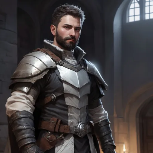 Prompt: Male stocky hairy sneaky spy in white light-armour with short hair and beard, exploring a dark mansion, pathfinder, d&d setting, in a realistic high quality digital art style, enhanced shadow quality, colorful